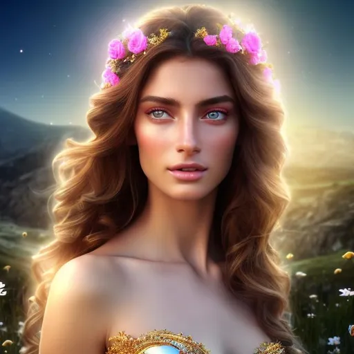 Prompt: HD 4k 3D 8k professional modeling photo hyper realistic beautiful young maiden women ethereal greek goddess of virtue
dark rose hair blue eyes gorgeous face fair freckled skin grecian embroidered dress gold crown  full body surrounded by magical glowing glorious light hd landscape background crossroads wildflowers trees 