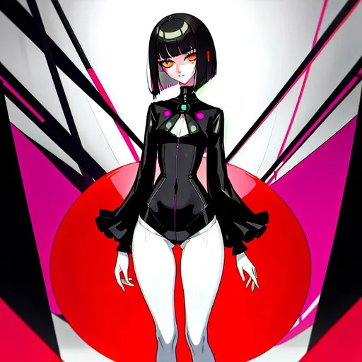 Prompt: a lonely AI girl, very tall, thick thighs, wide hips, long legs, slender waist, big beautiful symmetrical eyes, intriguingly beautiful face, aloof expression, bob haircut with bangs, wearing acid neo-GothPop fashion clothes, 12K resolution, hyper quality, hyper-detailed, depth of field