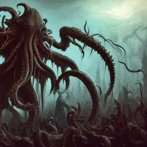Prompt: Dark art, giant cthulhu, giant god, artstation, hyperdetailed intricately detailed, rendered in unreal engine 5, octane render, other wordly, intricate detail, splash screen, dark colors, fantasy concept art, 8k, deviantart masterpiece, oil painting, heavy strokes, wings, doom eternal, tourmented souls, standing, looking at horizon, suffering, madness