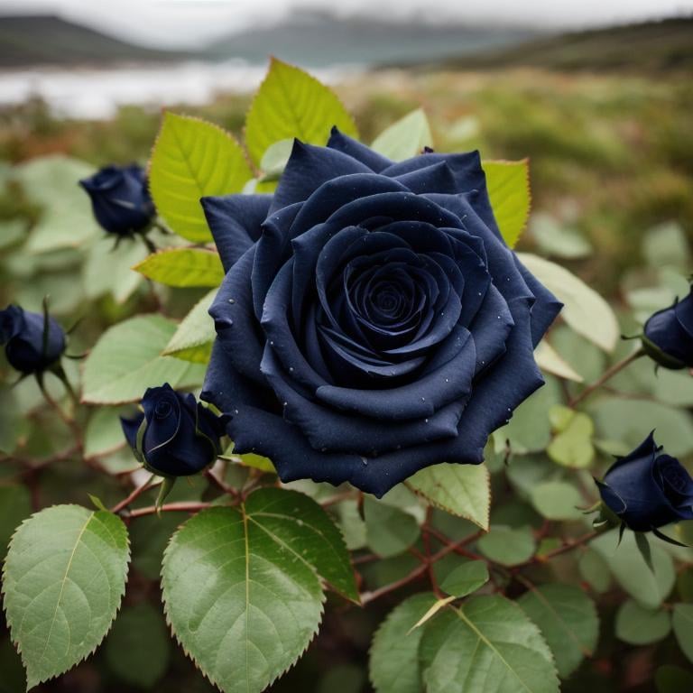 a RAW photo of a boquet of navy blue roses growing i...