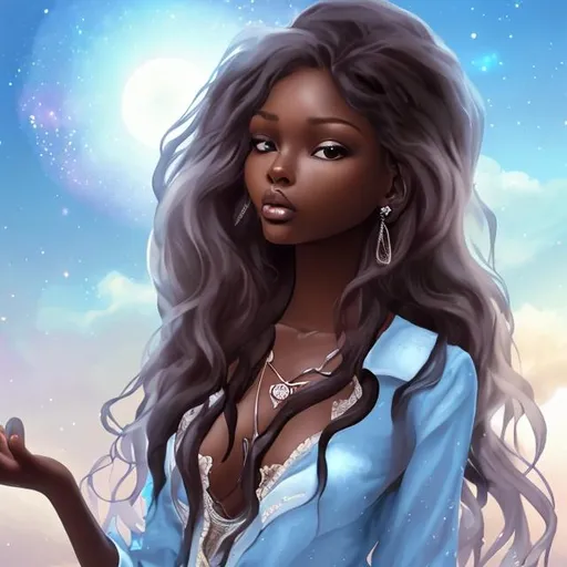 Prompt: beautiful hot black girl, Age=22, in a private jet, fancy outfit , blue long hairs in, dreamy and ethereal, fantasy, ((holding a cute girl)) with brown hair,  soft skin, soft lighting, nice eyes, perfect body, coloured hair, symmetrical, full body, hyperrealistic, super careful, highly detailed, digital