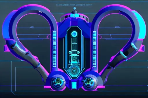Prompt: Inertial Propulsion Systems, Produce Unified Directional Force, Heart shaped, chamber, chassis, perfect symmetry, two hollow square rails that loop from the center back to the center at the bottom. mechanical, electric blue plasma radio isotope center core, By Matthew S Roberts
