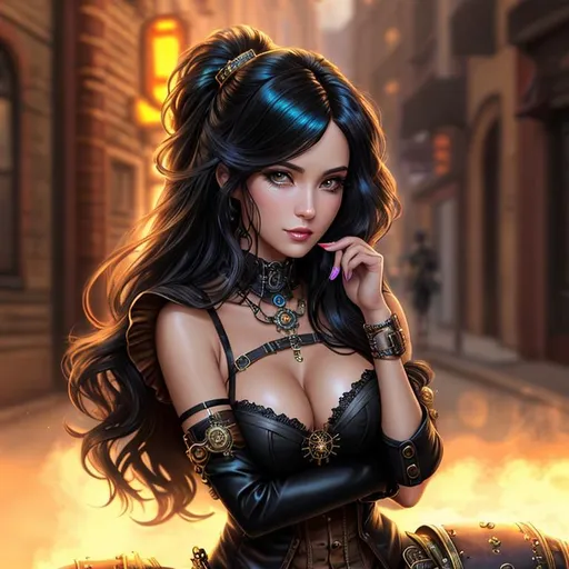 Prompt: steampunk, (high quality)+, (high texture)+, (ultra detailed)+, (detailed background)++, (perfect anatomy)+, (proper finger structure)+, (quality artwork)+, (mature woman)++, solo, detailed face, black hair, long hair, shiny hair, detailed hair, iridescent eyes, detailed eyes, google with neon trim++, (leather gloves)++, detailed accessories, detailed body)++, shiny skin, (fair skin)+, detailed skin, (bronze gears)++, road++, rain background++, (metal trees)++, (full body)+++, (sepia tones)++, (from ahead)++