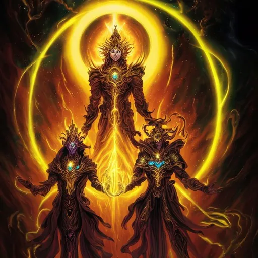 Prompt: Bathed in divine radiance, Keldar and Otharion stand side by side, their ethereal forms glowing with cosmic brilliance. Keldar, the embodiment of pure white light, exudes a tranquil aura that calms even the most turbulent of storms. His presence resonates with a profound sense of peace and serenity. Otharion, the majestic golden sun god, emanates a warm and empowering glow, representing the nurturing essence of life and creation.

Beside them, Freya, the divine goddess of time and death, is a celestial beauty in her own right. Her elegance and grace radiate a sense of wisdom and mystery, as if she holds the secrets of the universe within her very being. Her deep blue eyes hold the knowledge of ages, and her flowing silver hair dances in the cosmic winds.

Together, the three beings form a celestial trinity, their intertwined destinies guiding the cosmos in an intricate dance of creation, preservation, and transformation. They embody the essence of cosmic balance, with Keldar's white light representing the purity of beginnings, Otharion's golden glow symbolizing the vibrant force of life, and Freya's enigmatic presence signifying the inevitability of change and renewal.

In this divine union, the sun gods and the goddess of time are a vision of cosmic harmony, united by a bond that transcends the boundaries of space and time. Their celestial majesty fills the heavens with awe and wonder, a testament to the eternal cycle of life and the enduring power of their divine connection.