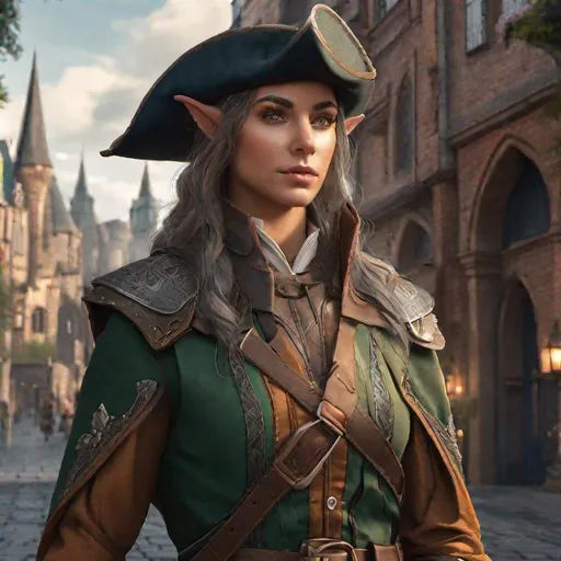 Prompt: Portrait of a half-elf ranger in a English-inspired fantasy city.  Full-body shot, highly detailed, character illustration, 8K.