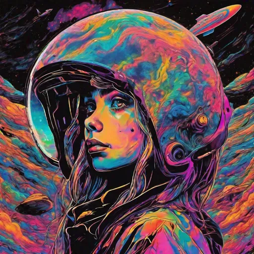 Prompt: black background with lighting  from storm with girl face in first plane with beyond a distant planet far away psychedelic colours