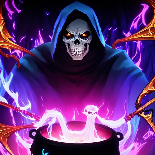 Prompt: Close up of the Grim Reaper looking into a cauldron of Souls