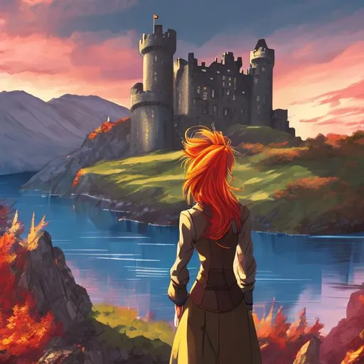 Prompt: Castle in the mountains of Scotland, sunset in distance, lake, woman with ginger hair and hazel eyes, anime style