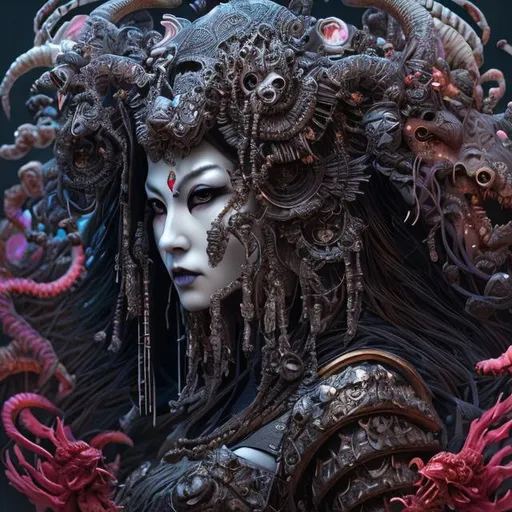 Prompt: "3 d goddess of death close - up profile portrait with ram skull. beautiful intricately detailed japanese crow kitsune mask and clasical japanese kimono. betta fish, jellyfish phoenix, bio luminescent, plasma, ice, water, wind, creature, artwork by tooth wu and wlop and beeple and greg rutkowski"