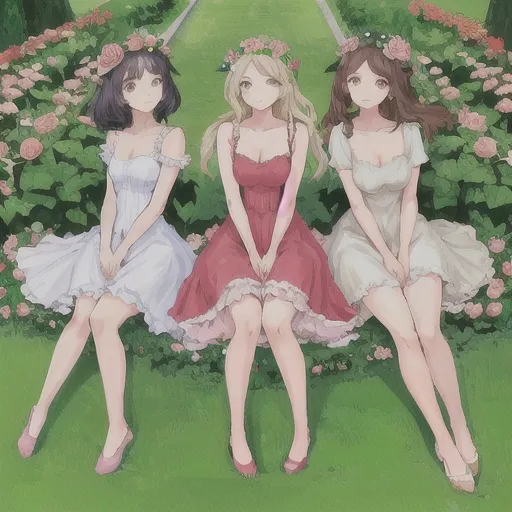 Prompt: three Beautiful  girl in a rose garden,whole body