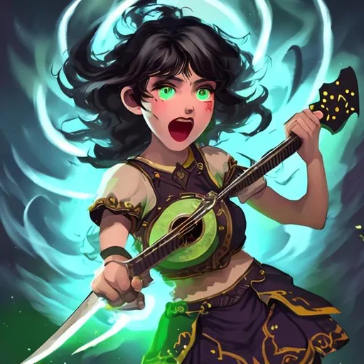 Prompt: A 20 year old  green eye short black hair undercut style bard girl yelling with lute that is an axe surrounded by light attacking monster 