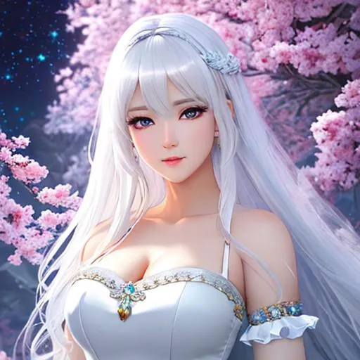 Prompt: oil painting, , UHD, 8K, Very Detailed, detailed face, full body character visible, jung goddess character with ethereal fantastical light skin & white hair, she has visible eyes, sleeveless short white dress, white thighhighs with corean lips and
 eyes


