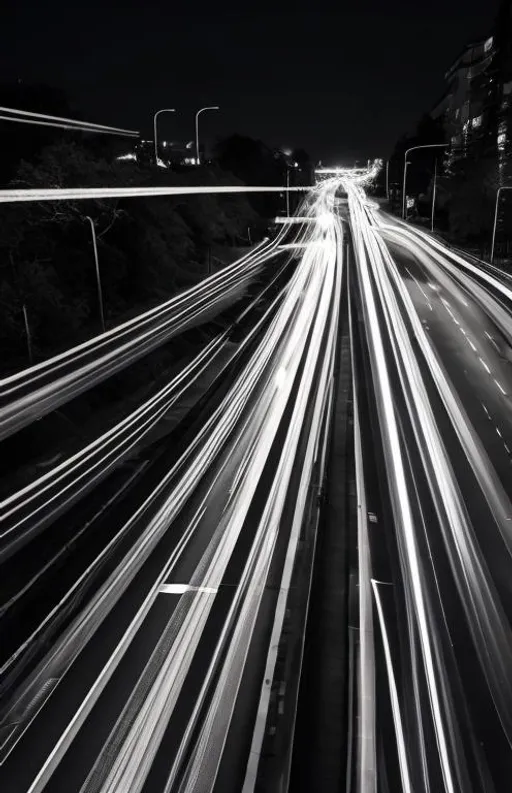 Prompt: black and white 
Long-exposure night photography of traffic, with light trails
