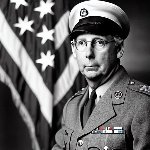 Prompt: Famous Photo Realistic Portrait of idiotic senate majority leader Mitch McConnell cosplaying as a Mitch McConnell wwii soldier in 1944, world war II, historic photo, 1940’s, veteran