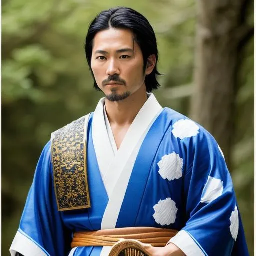 Prompt: Young Hiroyuki Sanada as a Samurai Photorealistic Overdetailed Portrait, Holding a Tetsubo, Well Detailed face, Blue and White Robes and Armor, Black hair, Detailed Hands, Detailed Twilight Background, Intricately Detailed, Award Winning, Photograph, Film Quality.