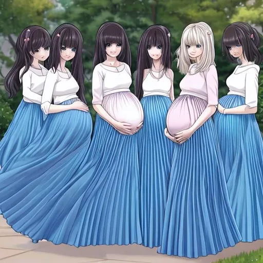 Prompt: There are multiple pregnant anime girls who are all wearing blue pleated long skirts. The hair of the pregnant anime girls are long and straight. The color of the pregnant anime girls' hair are white.

All of the pregnant anime girls have the same height.

The pregnant anime girls are holding their baby bumps.
