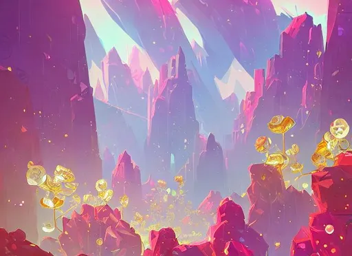 Prompt: shimmering crystal city made of diamond and rose quartz with gold decoration, sparkling in the sunlight, surrounded by flowers. trending on artstation, by anton fadeev.