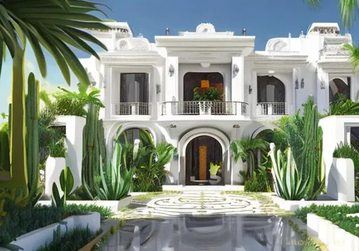 Prompt: White futuristic mansion in mexican style with lot of plants  oil paint 