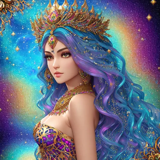 Prompt: full color 3d julia clusters fractal in 3d voronoi 3d background sky, hyperdetailed full body view wet Beautiful Tamina princess of Persia, ((intricate long flowing multicolored julia sets fractal balayage hair)), (filigree hair decoration),  detailed skin, extremely detailed face with eyes and iris, luxury jewelry, holding the bright sun in its hand, highly-detailed, elegant, dramatic lighting, glowing, trails of light, sparkles, 3D lighting and shadows, lifelike, photorealistic full body. ((phoenix bird))