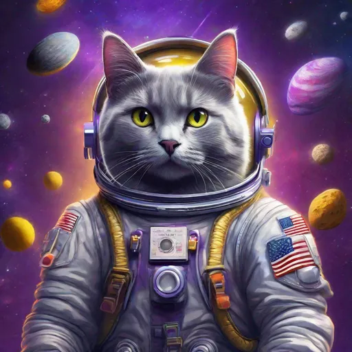 Prompt: Brilliant Striking concept art of a gray cat in a space suit with "Ricky" Written on the name tag. Floating through empty space chasing butter. Exquisite Detail Everything is perfectly to scale, HD, UHD, 8k Resolution, Vibrant Colorful Award winning Image with a purple color scheme