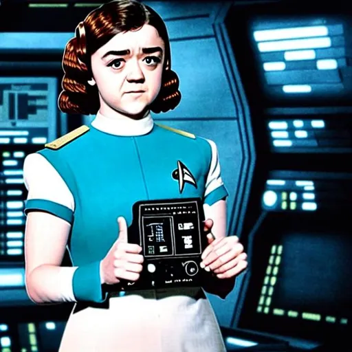 Prompt: realistic photo image of Maisie Williams dressed as a 60's Star Trek nurse, high quality photo still, Enterprise command chair, holding a tricorder or a phaser