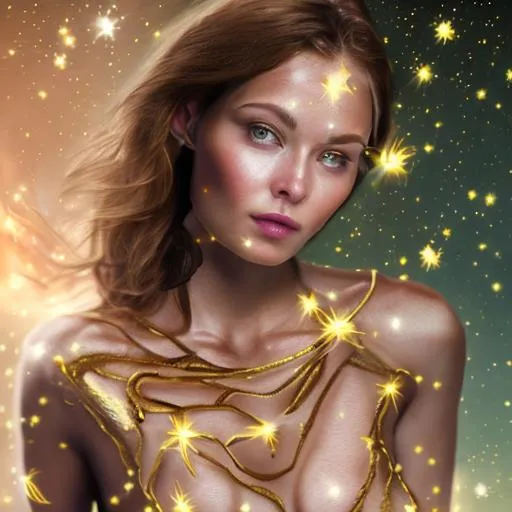 Prompt: A high quality woman with brown hair and hazel eyes with a photo realistic face surrounded by stars a golden glowing string, fantasy, science fiction, beautiful, 