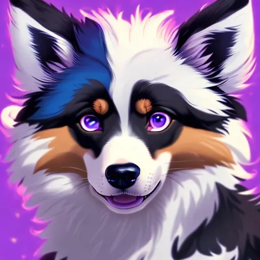 Prompt: highres, fursona, collie, cute, blep, white and purple fur, purple and blue eyes.