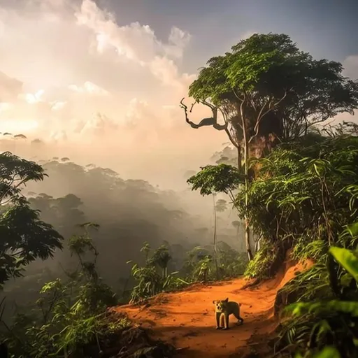 Prompt: animasi singa berjalan tegap di hutan, Sikapnya penuh kepercayaan diri dengan tujuan yang tercermin dalam cahaya di gunung.