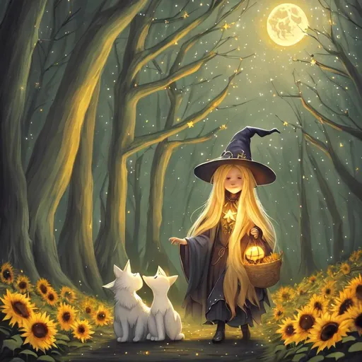 Prompt: witch with long blonde hair, twinkle lights, wearing witch hat, cute, sunflower, aesthetic, fairycore, disney, pixar, moon, stars, with big white dog, witchcraft, in a starry dark sky, beautiful, walking in a forest, sweet, dreamy, rpg, award winning illustration, artstation, highres