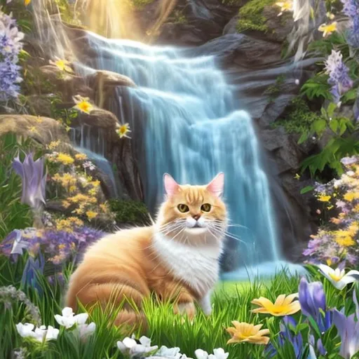 Prompt: Golden tuxedo tabby cat with white dipped paws with large pearl white angel wings sitting in wild flowers next to waterfall 