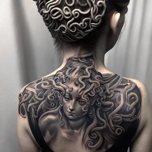 Prompt: Tattoo on a females back of a Beautiful faced Medusa with her whole body that is realistic and has a lot of shading 