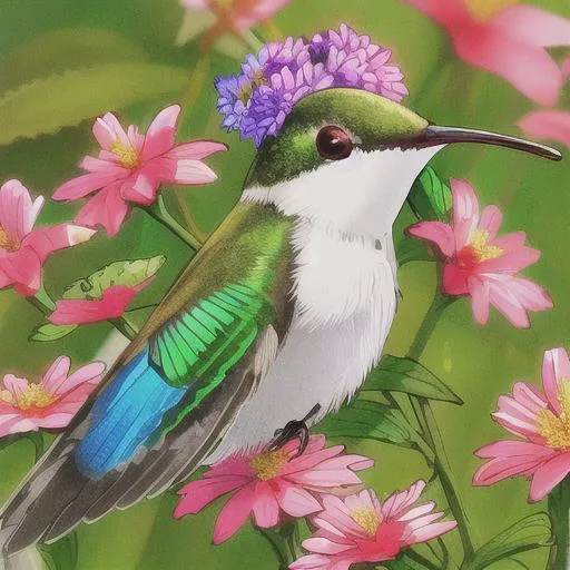 Prompt: hummingbird among the flowers