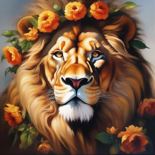 Prompt: (masterpiece, thick oil painting, Dungeons & Dragons, best quality), beautiful portrait of a majestic & noble Lion,deity [sun god peacefully smiling, wearing a flower wreath,
