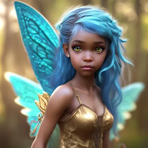 Prompt: A photo-realistic female fairy with blue hair, brown skin, and golden brown eyes.

