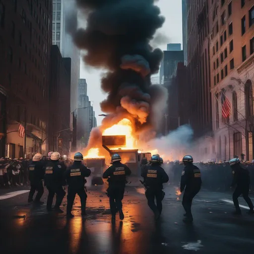 Prompt: Riots in streets of New York, Hyperrealistic, sharp focus, Professional, UHD, HDR, 8K, Render, electronic, dramatic, vivid, pressure, stress, nervous vibe, loud, tension, traumatic, dark, cataclysmic, violent, fighting, Epic