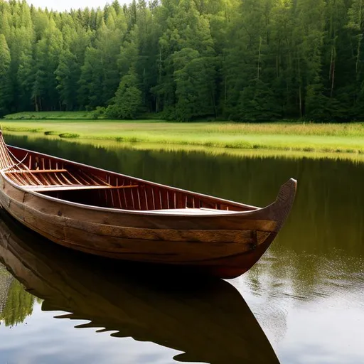 Prompt: ancient rowing boat in a latvian lake