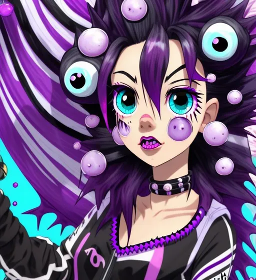 Prompt: (anime portrait style) Fish, (monster girl), spiked purple-black hair with pink tips,  purple-black and white flat, paddle-shaped tail, purple-black tipped with pink pufferfish spikes, purple lipstick, white skateborders outfit style, masterpiece, best quality 