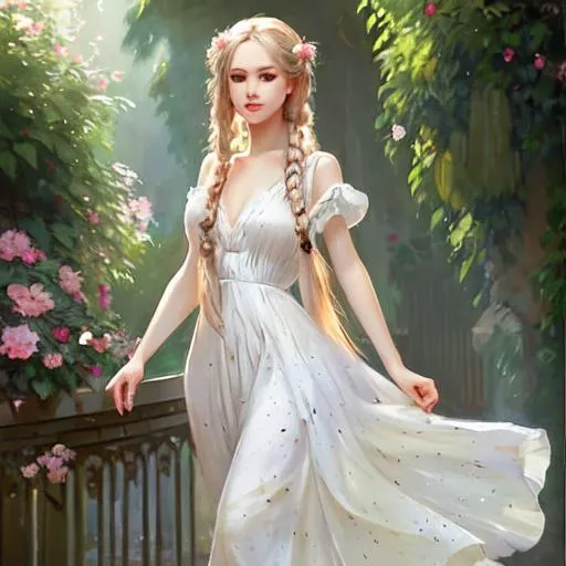 Prompt: beautiful nymph, pale braided hair, speckled white long dress, style of Vladimir Volegov