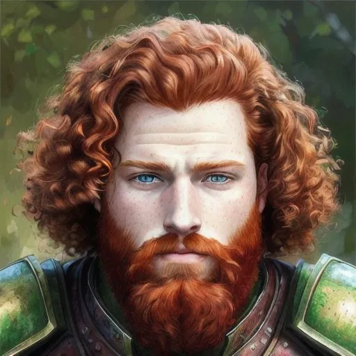 Prompt: Ultra realistic face, oil painting, portrait, red beard, handsome face, thick red curly hair, handsome, young adult, freckled face, green eyes, male human character, pale skin, wearing armor
