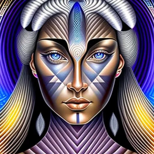 Prompt:  The geometric background is backlit in the style of Alex Grey, the foreground is in the style of Botticelli. A beautiful indigenous  woman, with gray hair, four gray-colored eyes, one set of eyes over the top of the other set of eyes