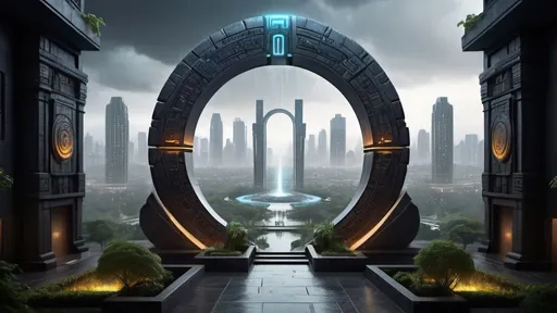 Prompt: magical portal between cities realms worlds kingdoms, circular portal, ring standing on edge, upright ring, freestanding ring, hieroglyphs on ring, complete ring, ancient aztec architecture, zigurat, gardens, hotels, office buildings, shopping malls, large wide-open city plaza, panoramic view, dark night, rain, futuristic cyberpunk tech-noir setting