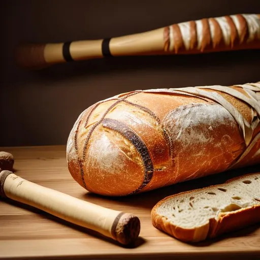 Prompt: A fat wooden baseball bat is wearing bread as a coat