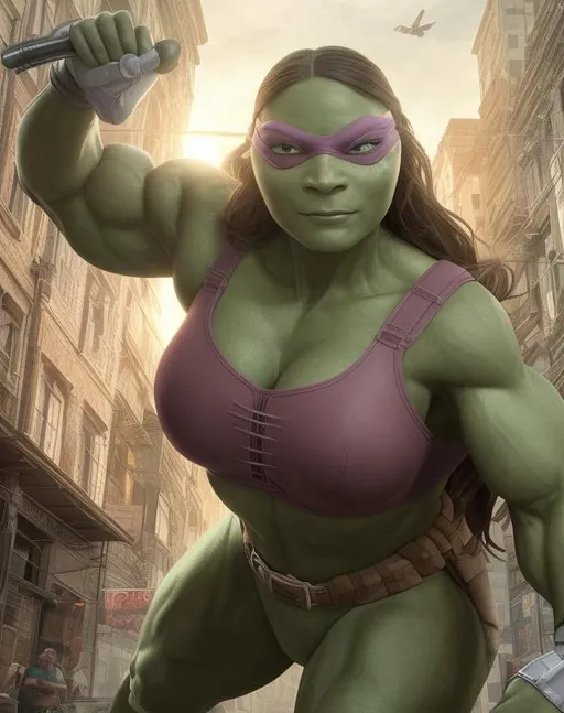 Prompt: super detailed lifelike 4d illustration of beautiful female with large muscles in a fantasy environment dressed up like teenage mutant ninja turtle