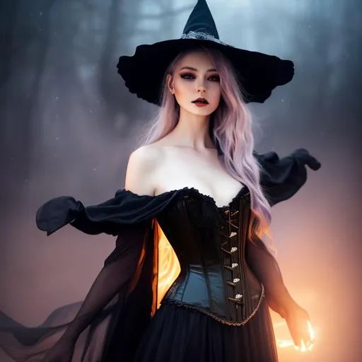 Prompt: A beautiful witch wearing a witches hat, corset and cloak, character concept, cinematic lighting, volumetric lighting, dynamic lighting, 8k, HDR, CGI, highly detailed, hyper realistic, intricate detailing, centered art, edge-to-edge print, full body image, trending on artstation, concept art, soft, sharp focus, illustration, art by Carne Griffiths and Wadim Kashin, digital illustration, style of Horizon Dawn, octane render, unreal engine