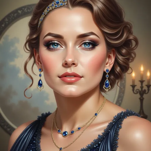 Prompt: An princess with black hair wearing an ornate headpiece with jewels, necklace and earrings with a candle lit background and a circular doorway, Bastien L. Deharme, fantasy art, dark fantasy art, a painting