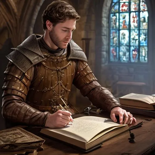 Prompt: Waughin Jarth writing a book in a medival setting

