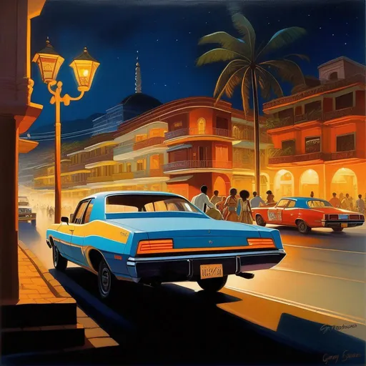 Prompt: 1970s, Caracas at night, car chase, warm atmosphere, cartoony style, extremely detailed painting by Greg Rutkowski and by Henry Justice Ford and by Steve Henderson