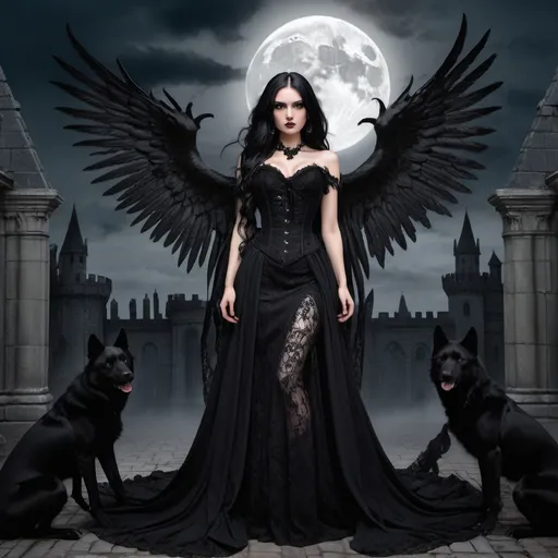 Prompt: A tall dark angel woman, with long black hair, brown eyes, black long wings, dressed with a black laces corset. She is adorned in an elegant black long dress with intricate lace details and stunning black roses. The background is a landscape with a goth castle, with big black wolves, fullmoon, and black skulls on the ground. Full body photo.