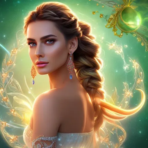 Prompt: HD 4k 3D 8k professional modeling photo hyper realistic beautiful  woman ethereal greek goddess of legislation
orange french braided hair green eyes gorgeous face brown skin shimmering dress jewelry laurel headpiece full body surrounded by magical glowing light hd landscape background springtime green pastures reading scrolls and books