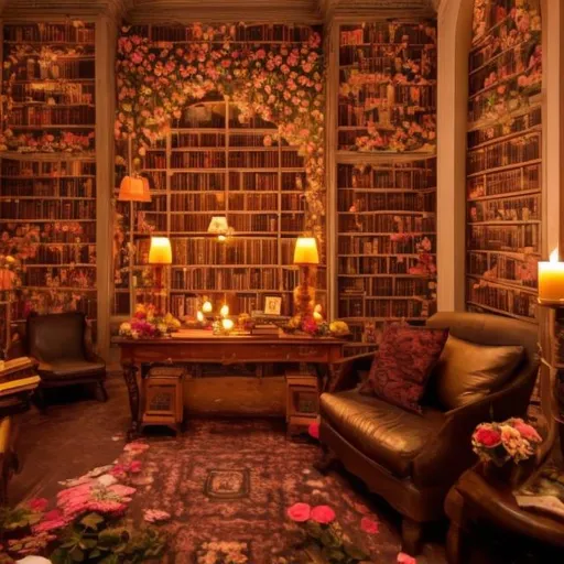 Prompt: A candle lit library with flowers on the walls